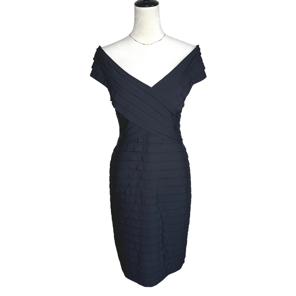 Tadashi Shoji Black Off Shoulder Minimalist Chic LBD Cocktail Midi Dress Large